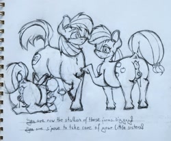 Size: 2265x1868 | Tagged: explicit, artist:johrnyreport, apple bloom, applejack, anatomically correct, anus, apple bloom's bow, big macintosh, bow, brother and sister, cheek fluff, clitoris, crotchboobs, dock, earth pony, eyes on the prize, female, foal, foalcon, g4, hair bow, implied incest, imported from derpibooru, incest, male, nipples, nudity, photo, ponut, pony, precum, siblings, sisters, tail, teats, text, traditional art, trio, vaginal secretions, vulva, vulvar winking