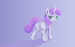 Size: 4000x2500 | Tagged: explicit, artist:darkdoomer, sweetie belle, alternate cutie mark, anus, butt, dock, female, foalcon, g4, genitals, gradient background, horn, imported from derpibooru, looking at you, looking back, looking back at you, nudity, plot, ponut, pony, solo, solo female, sweetie butt, tail, unicorn, vulva