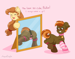 Size: 1947x1543 | Tagged: explicit, semi-grimdark, artist:aquaeagle, button mash, oc, oc:cream heart, abuse, age difference, anus, bad parenting, balls, bdsm, blushing, brown body, brown coat, brown fur, brown hair, brown mane, brown tail, butt, chastity, chastity cage, child abuse, clothes, collar, colt, crossdressing, dominant, donut, duo, duo male and female, earth pony, embarrassed, evening gloves, eyes closed, female, femboy, femdom, feminization, fetish, fishnet clothing, fishnet stockings, foal, foalcon, food, forced, forced feminization, g4, genitals, gentle femdom, gloves, gritted teeth, hooves, humiliation, imported from derpibooru, incest, kink, legwear, long gloves, male, mare, milf, mirror, mom, mommy, mommy kink, mother and child, mother and son, nudity, open mouth, open smile, orange hair, orange mane, orange tail, parent, parent and child, penis, pink background, plot, ponut, pony, presenting, presenting butt, puffy anus, raised hoof, raised tail, reflection, shy, simple background, sissy, sissyfication, smiling, socks, son, speech, stockings, straight, straight shota, striped mane, striped socks, striped tail, tail, taint, talking, teeth, text, thigh highs, worried, yellow eyes