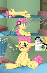 Size: 1989x3072 | Tagged: explicit, artist:anonymousandrei, comic:life of li'l cheese, balls, bed, bedroom, blushing, colt, comic, denied, derpibooru exclusive, earth pony, foal, foalcon, g4, genitals, headphones, implied pacific glow, imported from derpibooru, inconvenient erection, indoors, li'l cheese, male, masturbation, nudity, offscreen character, orgasm denial, penis, pony, precum, precum string, reasonably sized genitals, reasonably sized penis, solo, solo male
