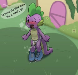 Size: 2048x1954 | Tagged: explicit, artist:parumpi, spike, blushing, clothes, colored, cum, cum through clothes, cumming, dragon, emanata, foalcon, g4, heavy breathing, humiliation, implied straight, imported from derpibooru, male, offscreen character, onomatopoeia, outdoors, premature ejaculation, shadow, shaking, shoes, solo, solo male, sweat, tighty whities, underwear