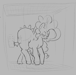 Size: 697x689 | Tagged: explicit, artist:parumpi, pinkie pie, spike, against wall, age difference, balloonbutt, bedroom eyes, bottom heavy, butt, cum, cumming, dominant, dragon, duo, duo male and female, earth pony, elevator, female, femdom, foalcon, g4, genitals, grayscale, huge butt, imported from derpibooru, large butt, lineart, male, monochrome, nudity, penis, pony, premature ejaculation, ship:pinkiespike, shipping, straight
