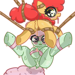 Size: 1500x1500 | Tagged: questionable, oc, oc:bit mango, alternate version, anonymous artist, bdsm, blushing, bondage, butt, cum, dock, duo, earth pony, featureless crotch, female, filly, foal, foalcon, implied anus, implied rape, imported from derpibooru, legs in air, lying down, masturbation, nudity, oc only, on back, plot, pony, rope, rope bondage, sweat, tail, text, textless, textless version, tongue out, underhoof