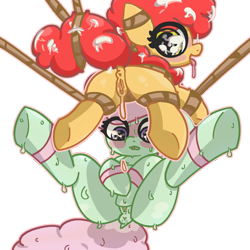 Size: 1500x1500 | Tagged: explicit, oc, oc:bit mango, alternate version, anonymous artist, anus, bdsm, bondage, clitoris, cum, earth pony, female, foalcon, implied rape, imported from derpibooru, legs in air, lying down, nudity, oc only, on back, ponut, rope, rope bondage, sweat, textless, textless version, vulva, vulvar winking