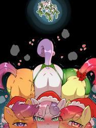 Size: 720x960 | Tagged: questionable, artist:cold-blooded-twilight, apple bloom, scootaloo, sweetie belle, back, bedroom eyes, blushing, bow, butt, christmas, clothes, cmc foursome, cutie mark crusaders, dock, earth pony, eyeshadow, female, filly, foal, foalcon, freckles, g4, glowing, glowing eyes, hat, heart, heart eyes, holiday, horn, implied blowjob, implied oral, implied sex, imported from derpibooru, leggings, legwear, makeup, male, male pov, mistletoe, offscreen character, offscreen male, overhead view, pegasus, plot, pony, pov, raised tail, santa hat, shivering, tail, tights, trio, unicorn, wall of tags, wingding eyes