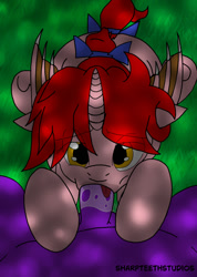 Size: 850x1191 | Tagged: explicit, artist:sharpteethstudios, oc, oc:rainbowrupee, oc:redberry bite, alicorn, bat pony, bat pony alicorn, bat pony oc, bat wings, blowjob, deepthroat, female, filly, foal, foalcon, glazed dick, horn, imported from derpibooru, male, male pov, nudity, oc only, offscreen character, offscreen male, oral, penis, pony, pov, requested art, sex, shading, sucking, unicorn, wings