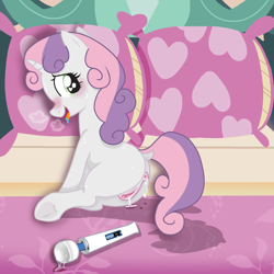 Size: 2500x2500 | Tagged: explicit, artist:sugar breeze, sweetie belle, anus, bed, blushing, dock, drool, female, filly, foal, foalcon, g4, hitachi wand, horn, imported from derpibooru, indoors, nudity, pillow, pony, sex toy, show accurate, show accurate porn, solo, solo female, tail, tongue out, unicorn, vaginal secretions, vibrator, vulva