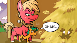 Size: 1280x720 | Tagged: explicit, artist:mr3radio, age difference, anal, balls, big macintosh, blush lines, blushing, cloud, colt, dialogue, disproportional anatomy, doggy style, earth pony, english, foal, foalcon, freckles, from behind, g4, gay, hay, hidden eyes, horn, horsecock, imported from derpibooru, large penetration, larger male, lidded eyes, male, nudity, penetration, penis, pony, pony on pony action, sex, ship:snailmac, shipping, short mane, size difference, smaller male, snails, stallion, stallion on colt, tail, unicorn, unshorn fetlocks, voyeurism