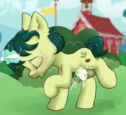 Size: 3300x3000 | Tagged: explicit, artist:dumbwoofer, balls, blushing, bush, colt, cum, cumming, ear fluff, eyes closed, foal, foalcon, g4, green sprout, horn, horsecock, imported from derpibooru, magic, magic aura, magic masturbation, magical stimulation, male, masturbation, medial ring, nudity, open mouth, outdoor masturbation, outdoors, penis, pony, raised hoof, reasonably sized balls, reasonably sized genitals, reasonably sized penis, school, solo, solo male, sweat, sweatdrop, unicorn