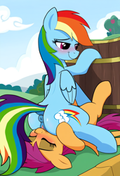 Size: 832x1216 | Tagged: explicit, editor:applecrashfan19, rainbow dash, scootaloo, age difference, ai composition, ai content, anus, bedroom eyes, blushing, cunnilingus, dashdom, derpibooru exclusive, dock, dominant, duo, duo female, eyes closed, faceful of ass, facesitting, female, femdom, femsub, filly, foal, foalcon, folded wings, g4, imported from derpibooru, lesbian, licking, lidded eyes, mare, mare on filly, nudity, oral, outdoor sex, outdoors, pegasus, ponut, pony, prompter:applecrashfan19, raised tail, scootasub, sex, ship:scootadash, shipping, smiling, spread wings, submissive, tail, tongue out, vulva, wings