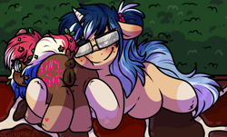 Size: 3044x1836 | Tagged: explicit, artist:gluttonace, oc, oc:depraved daydream, oc:roly poly, adopted daughter, age difference, anus, bodypaint, butthug, dock, duo, female, filly, foal, foalcon, glasses, heart, heart eyes, hedge, horn, hug, implied prostitution, imported from derpibooru, mare, mother and child, mother and daughter, nudity, oc only, pavement, pegasus, ponut, presenting, presenting pussy, question mark, rear view, tail, unicorn, vulva, wingding eyes