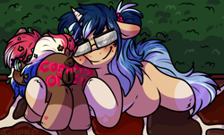 Size: 3044x1836 | Tagged: explicit, artist:gluttonace, oc, oc:depraved daydream, oc:roly poly, adopted daughter, age difference, anus, bodypaint, butthug, dock, duo, female, filly, foal, foalcon, glasses, heart, heart eyes, hedge, horn, hug, imported from derpibooru, mare, mother and child, mother and daughter, nudity, oc only, pavement, pegasus, ponut, presenting, presenting pussy, question mark, rear view, tail, unicorn, vulva, wingding eyes