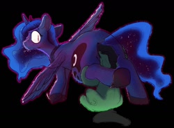 Size: 1486x1098 | Tagged: explicit, artist:newpone, princess luna, oc, oc:filly anon, alicorn, anus, blushing, cunnilingus, dock, duo, earth pony, face not visible, faceful of ass, female, filly, foal, foalcon, g4, imported from derpibooru, looking back, mare, nudity, oral, outline, peytral, ponut, pony, rear view, sex, simple background, spread wings, tail, wings