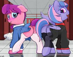 Size: 2617x2046 | Tagged: explicit, artist:gean, art pack:fillypack 3, anus, blushing, butt, clothes, duo, duo female, earth pony, female, filly, foal, foalcon, folded wings, g4, imported from derpibooru, indoors, leggings, legwear, lily longsocks, lip bite, locker room, lockers, looking at you, looking back, looking back at you, mouth hold, nervous, nervous sweat, nudity, open mouth, pegasus, plot, plot pair, ponut, pony, presenting, school uniform, socks, sprintbutt, sweat, tiled floor, vulva, wind sprint, wings