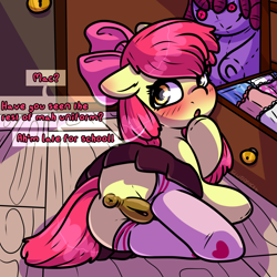 Size: 2000x2000 | Tagged: explicit, artist:gluttonace, apple bloom, art pack:fillypack 3, apple bloom's bow, bottomless, bow, clothes, earth pony, female, filly, foal, foalcon, g4, hair bow, hoof on chin, imported from derpibooru, indoors, legwear, morning ponies, no panties, nudity, pony, rear view, school uniform, skirt, socks, solo, solo female, stockings, thigh highs, upskirt, vulva