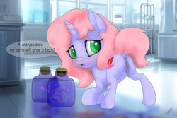 Size: 1200x800 | Tagged: explicit, grotesque, semi-grimdark, artist:miniferu, oc, anatomically correct, anus, balls, butt, castration, dissection, dock, female, female focus, filly, foal, foalcon, genital mutilation, gore, guro, heart, heart eyes, horn, horsecock, imported from derpibooru, indoors, looking back, male, mutilation, nudity, oc only, penectomy, penis, plot, ponut, pony, solo focus, speech bubble, straight, tail, unicorn, vulva, wingding eyes
