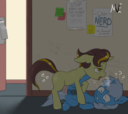 Size: 2048x1827 | Tagged: explicit, artist:multiverseequine, oc, oc:algorithm, oc:golden trim, anal, balls, closet, colored, colt, colt on colt, cum, dark, dark genitals, derpibooru exclusive, detailed background, door, doorway, dubious consent, duo, duo male, foal, foalcon, gay, graffiti, heart, horn, horsecock, imported from derpibooru, indoors, lidded eyes, lying down, male, medial ring, nudity, oc only, oc x oc, on back, onomatopoeia, open mouth, orgasm, panting, penetration, penis, pony, poster, question mark, reverse foalcon, sex, ship:algold trithm, shipping, shivering, short mane, shrunken pupils, spread legs, spreading, teary eyes, text, tongue out, unicorn, unicorn oc, vein, veiny cock, vulgar, wall of tags, wide eyes