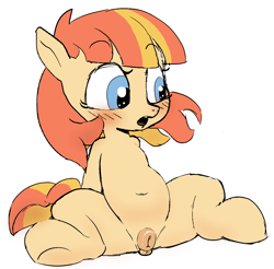 Size: 1248x1226 | Tagged: explicit, artist:bobblygobbly, oc, oc:aimless, anus, belly, belly button, blush lines, blushing, earth pony, female, filly, foal, foalcon, imported from derpibooru, nudity, oc only, ponut, pony, sitting, tail, two toned mane, two toned tail, vulva