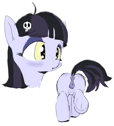 Size: 1079x1183 | Tagged: explicit, artist:bobblygobbly, oc, ahoge, anus, blushing, dock, female, filly, foal, foalcon, freckles, goth, imported from derpibooru, lidded eyes, nudity, oc name needed, ponut, short tail, skull, skull hairclip, tail, two toned mane, two toned tail, vulva