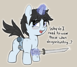 Size: 1386x1204 | Tagged: explicit, artist:heretichesh, oc, oc:lotus flow, anal insertion, anal only, anatomically correct, anus, black mane, black tail, blushing, buttplug, colored, dialogue, dishevelled, female, filly, foal, foalcon, gray coat, horn, imported from derpibooru, impossibly large ponut, insertion, katana, large ponut, looking at you, looking back, looking back at you, magic, magic aura, nudity, oc only, open mouth, ponut, pony, purple eyes, pussy tape, raised tail, seal, sex toy, simple background, solo, solo female, sword, tail, tape, telekinesis, unicorn, vulva, weapon