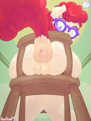 Size: 2400x3200 | Tagged: explicit, artist:headhazed, anus, dock, earth pony, female, filly, foal, foalcon, g4, glasses, imported from derpibooru, large ponut, looking at you, low angle, nudity, ponut, pony, rear view, sitting, solo, solo female, tail, twist, vulva