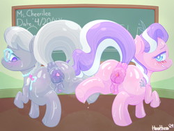 Size: 3200x2400 | Tagged: explicit, artist:headhazed, diamond tiara, silver spoon, anus, blushing, earth pony, female, filly, foal, foalcon, g4, gaping, gaping anus, horn, imported from derpibooru, indoors, large ponut, looking at you, nudity, ponut, presenting, sweat, vulva