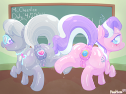 Size: 3200x2400 | Tagged: explicit, artist:headhazed, diamond tiara, silver spoon, anal insertion, anus, blushing, buttplug, earth pony, female, filly, foal, foalcon, g4, horn, imported from derpibooru, indoors, insertion, jeweled buttplug, large ponut, looking at you, nudity, ponut, presenting, sex toy, sweat, vulva