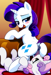 Size: 832x1216 | Tagged: explicit, editor:applecrashfan19, rarity, sweetie belle, age difference, ai composition, ai content, anus, bedroom eyes, blank flank, blue eyes, blushing, butt, cunnilingus, dark genitals, derpibooru exclusive, dock, dominant, duo, duo female, duo focus, faceful of ass, facesitting, female, females only, femdom, femsub, filly, foal, foalcon, g4, green eyes, horn, imported from derpibooru, incest, indoors, lesbian, licking, lidded eyes, mare, mare on filly, nudity, oral, ponut, pony, prompter:applecrashfan19, raised tail, raricest, raridom, rearity, sex, ship:raribelle, shipping, siblings, sisters, smiling, submissive, sweetiesub, tail, tongue out, unicorn, vulva