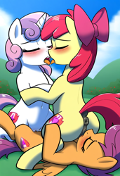 Size: 832x1216 | Tagged: explicit, editor:applecrashfan19, apple bloom, scootaloo, sweetie belle, ai composition, ai content, anus, bloomdom, blushing, cmc threesome, cunnilingus, cutie mark crusaders, dark genitals, derpibooru exclusive, dominant, earth pony, eyes closed, faceful of ass, facesitting, female, females only, femdom, femsub, filly, filly on filly, foal, foalcon, french kiss, g4, group sex, horn, imported from derpibooru, kissing, lesbian, lying down, making out, nudity, on back, oral, outdoor sex, outdoors, pegasus, pony, prompter:applecrashfan19, scootasub, sex, ship:sweetiebloomaloo, submissive, sweetiedom, threesome, tribadism, trio, trio female, unicorn, vaginal secretions, vulva, wings