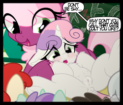 Size: 2000x1708 | Tagged: explicit, artist:sherathoz, sweetie belle, art pack:fillypack 3, age difference, anus, blushing, cheerilee, classroom, crotchboobs, dialogue, earth pony, female, filly, foal, foalcon, g4, horn, imported from derpibooru, mare, nipples, nudity, ponut, pony, presenting, sex education, spread legs, spreading, teats, unicorn, vulva