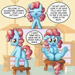 Size: 3000x3000 | Tagged: explicit, artist:horsepen, age regression, anus, chiffon swirl, crotchboobs, cup cake, dock, earth pony, female, filly, foal, foalcon, g4, imported from derpibooru, nipples, nudity, ponut, pony, sitting, stool, sugarcube corner, tail, teats, underhoof, vulva, younger