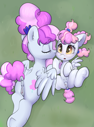 Size: 3246x4392 | Tagged: explicit, artist:dumbwoofer, age difference, anatomically correct, anus, blushing, cheek kiss, clitoris, cotton puff, cotton sky, crotchboobs, delicious flat crotch, dock, duo, duo female, ear fluff, eyes closed, female, filly, foal, foalcon, g4, grass, imported from derpibooru, incest, kissing, lesbian, lying down, mare, mare on filly, nipples, nudity, on back, pegasus, pony, presenting, prone, siblings, sisters, size difference, spread legs, spread wings, spreading, tail, tail wrap, teats, underhoof, vulva, vulvar winking, wingboner, wings