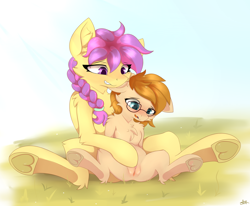 Size: 2785x2297 | Tagged: explicit, artist:starmaster, oc, oc:frozen spirit, oc:xenia, age difference, blushing, braid, chest fluff, clitoris, female, filly, foal, foalcon, glasses, hairband, imported from derpibooru, lesbian, mare, mare on filly, masturbation, nudity, pegasus, pony, sitting, sitting on person, sitting on pony, smiling, spread legs, spreading, vagina, vulva
