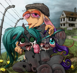 Size: 1400x1326 | Tagged: explicit, artist:darkstylerz, queen chrysalis, oc, oc:nyx, age difference, alicorn, alicorn oc, blushing, bomb collar, cane, canine penis, cataract, cheek squish, chihuahua, collar, creampie, crossover, cum, cum in mouth, cute, cute little fangs, dog, elderly, fangs, female, fence, ffm threesome, filly, filly queen chrysalis, flat cap, foal, foalcon, frog (hoof), g4, glasses, group sex, hand, happy, hat, hooves, horn, imported from derpibooru, male, meganekko, nudity, nursing home, older, one eye closed, open mouth, oral creampie, outdoors, penis, pony, ren and stimpy, ren hoek, round glasses, squishy cheeks, swirly eyes, threesome, underhoof, wat, wings, wire fence, younger