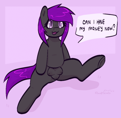 Size: 724x706 | Tagged: explicit, artist:poopslug, oc, anatomically incorrect crotchboobs, crotchboobs, female, filly, foal, foalcon, human vulva, human vulva on pony, imported from derpibooru, nipples, nudity, oc only, pony, presenting, purple eyes, purple mane, purple tail, signature, slit pupils, solo, solo female, tail, text, vulva