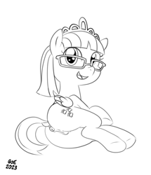Size: 1034x1200 | Tagged: explicit, artist:goodorevil, 2023, alternate version, anatomically correct, anus, butt, dock, female, filly, foal, foalcon, folded wings, g4, glasses, grayscale, imported from derpibooru, jewelry, looking at you, lying down, monochrome, nudity, on side, open mouth, open smile, pegasus, plot, ponut, pony, signature, simple background, sketch, smiling, solo, solo female, tail, tiara, underhoof, vulva, white background, wings, zippoorwhill