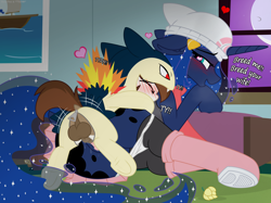 Size: 3183x2377 | Tagged: explicit, artist:sherathoz, artist:tolpain, princess luna, age difference, alicorn, anatomically correct, bedroom, clothed sex, clothes, collaboration, colt, colt on mare, cosplay, costume, dialogue, earth pony, female, foal, foalcon, fucked sideways, g4, horsecock, imported from derpibooru, indoors, legwear, lying down, male, mare, moaning, mounting, night, nightmare night, nudity, on side, panties, partially undressed, penetration, penis, pipsqueak, pokémon, pokémon trainer, pony, sex, ship:lunapip, shipping, sideways, size difference, skirt, socks, straight, straight shota, thigh highs, typhlosion, underwear, upskirt, vaginal, vulva