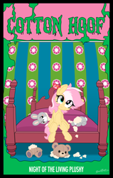 Size: 2000x3148 | Tagged: explicit, artist:sherathoz, oc, oc:cotton hoof, :3, bed, bedroom eyes, broken toy, commission, female, fetish, filly, foal, foalcon, goosebumps, imported from derpibooru, living toy, looking at you, nudity, oc only, original species, parody, plush pony, plushie, plushophilia, sitting, solo, solo female, spread legs, spreading, teddy bear, vulva