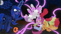 Size: 7706x4266 | Tagged: explicit, artist:gollygosh, apple bloom, princess luna, scootaloo, sweetie belle, absurd resolution, alicorn, all three filled, alternate hairstyle, anal, anal creampie, blushing, candy, canterlot, clothes, collar, costume, creampie, crotchboobs, cum, cum in mouth, cutie mark crusaders, dark genitals, dialogue, dubious consent, dubious consentacles, ear piercing, earring, earth pony, eyes closed, female, filly, floppy ears, foal, foalcon, food, g4, hairclip, halloween, halloween costume, holiday, horn, horn stimulation, imported from derpibooru, jewelry, kissing, lesbian, lying down, magic, messy mane, moon, multiple penetration, night, nipples, nudity, on back, on top, open mouth, oral, oral creampie, oral penetration, orgasm, outdoor sex, outdoors, pegasus, penetration, piercing, pumpkin bucket, raised hoof, raised tail, regalia, scrunchie, sex, show accurate, show accurate porn, skirt, skirt lift, socks, spread wings, stroking, succubus tattoo, suspended, tail, tattoo, teats, tentacle blowjob, tentacle porn, tentacles, tentacles on female, tentacles on filly, trick or treat, unicorn, vaginal, vaginal creampie, vaginal secretions, vector, wingboner, wings, womb tattoo