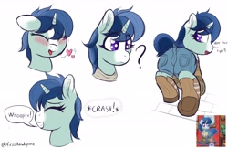 Size: 6320x4096 | Tagged: questionable, artist:frosthawkpone, oc, oc:mnemosyne, blushing, boots, butt, cameltoe, clothes, denim, female, filly, floating heart, foal, foalcon, heart, horn, imported from derpibooru, jeans, oc only, pants, pony, pony town, question mark, shoes, shorts, speech bubble, text, unicorn, violet eyes