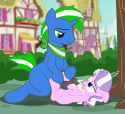 Size: 2250x2054 | Tagged: explicit, artist:succubi samus, diamond tiara, oc, oc:steel spark, age difference, canon x oc, cum, cum on body, earth pony, female, filly, foal, foalcon, g4, horn, imported from derpibooru, male, orgasm, outdoors, pony, shipping, stallion, stallion on filly, straight, unicorn