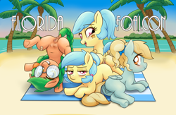 Size: 2588x1688 | Tagged: explicit, artist:kurozu, oc, oc:fair flyer, oc:matinee, oc:morning mimosa, oc:soiree, alternate hairstyle, alternate version, anus, band-aid, beach, beach towel, belly, belly button, braid, braided ponytail, butt, clitoris, crotchboobs, dark genitals, delicious flat crotch, dock, earth pony, female, filly, florida, florida foalcon, foal, foalcon, glasses, handstand, imported from derpibooru, looking at you, mare fair, nipples, nudity, outdoors, palm tree, pegasus, pigtails, plot, pony, ponytail, ribbon, siblings, sisters, sticker, tail, teats, text, tooth gap, tree, twins, upside down, vulva, vulvar winking, younger