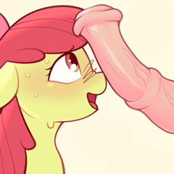 Size: 2000x2000 | Tagged: explicit, artist:sb66, apple bloom, age difference, big penis, blushing, earth pony, edit, female, female focus, filly, foal, foalcon, g4, horsecock, imminent blowjob, imminent oral, imported from derpibooru, male, mare, nudity, offscreen character, offscreen male, penis, pink horsecock, pony, solo focus, stallion, stallion on filly, straight, textless, textless edit