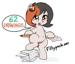 Size: 862x732 | Tagged: explicit, artist:myra, oc, oc:monero, art pack:fillypack 3, advertisement, art pack, dialogue, drawing, earth pony, female, filly, foal, foalcon, imported from derpibooru, nudity, oc only, paper, pencil, pony, simple background, solo, solo female, text, vulva, white background