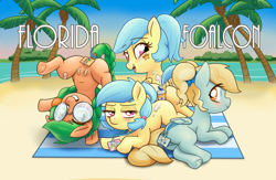 Size: 2588x1688 | Tagged: explicit, artist:kurozu, oc, oc:fair flyer, oc:matinee, oc:morning mimosa, oc:soiree, alternate hairstyle, anus, badge, band-aid, beach, beach towel, belly, belly button, braid, braided ponytail, convention, crotchboobs, dark genitals, delicious flat crotch, dock, earth pony, female, filly, florida, florida foalcon, foal, foalcon, glasses, handstand, imported from derpibooru, looking at you, mare fair, nudity, outdoors, palm tree, pegasus, pigtails, pony, ponytail, pussy peek, ribbon, siblings, sisters, sticker, strategically covered, subtly explicit, suntan lotion, tail, teats, text, tooth gap, tree, twins, upside down, vulva, younger