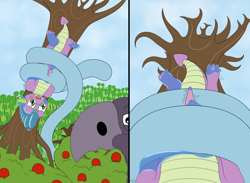 Size: 6000x4400 | Tagged: explicit, artist:pvryohei, spike, apple, apple tree, between dark and dawn, blushing, bound, coils, commission, drool, erection, foalcon, food, g4, giant tortoise, goo, imported from derpibooru, mr. tortoisnap, my little pony: friendship is magic, nudity, offscreen character, penis, pov, scared, slime, stuck, sweet apple acres, tentacle tongue, tentacles, tongue out, tortoise, tree