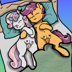 Size: 1520x1520 | Tagged: explicit, artist:background_pon3, scootaloo, sweetie belle, ai interpretation, anatomically incorrect crotchboobs, bed, blanket, blush sticker, blushing, breast blush, crotchboobs, derpibooru exclusive, duo, female, filly, foal, foalcon, g4, gradient background, happy, holding hooves, horn, imported from derpibooru, lesbian, love, nipples, nudity, pegasus, pony, puffy vulva, shading, ship:scootabelle, shipping, sleeping, smiling, unicorn, vulva, vulva blush
