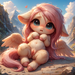 Size: 5120x5120 | Tagged: explicit, artist:venisoncreampie, fluttershy, absurd file size, absurd resolution, ai assisted, ai content, belly, belly button, blushing, cute, cute porn, female, filly, floating heart, fluffy, foal, foalcon, g4, generator:bluefox mix, generator:stable diffusion, heart, human shoulders, imported from derpibooru, innocent, lying, lying down, mountain, mountain range, nervous, nudity, on back, open mouth, outdoors, pegasus, pony, shy, solo, solo female, spread wings, teary eyes, unshorn fetlocks, vaginal secretions, vulva, wings, younger