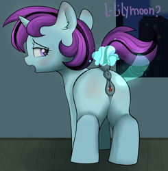 Size: 3121x3179 | Tagged: explicit, artist:dumbwoofer, ambermoon, anatomically correct, anus, blank flank, blushing, clitoris, dark genitals, dock, ear blush, ear fluff, ears back, edit, female, filly, foal, foalcon, g4, horn, implied lilymoon, imported from derpibooru, indoors, looking at you, looking back, looking back at you, magic, magic aura, magic penis, magical spreading, moon, nervous, night, nudity, offscreen character, open mouth, penis, ponut, pony, raised tail, siblings, sisters, solo, solo female, spread pussy, spreading, tail, talking, telekinesis, text, unicorn, vagina, vulva, window