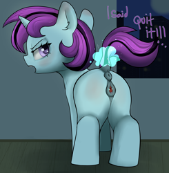 Size: 3121x3179 | Tagged: explicit, artist:dumbwoofer, ambermoon, anatomically correct, annoyed, anus, blank flank, blushing, clitoris, dark genitals, dock, ear blush, ear fluff, ears back, edit, female, filly, foal, foalcon, g4, horn, implied lilymoon, imported from derpibooru, indoors, looking at you, looking back, looking back at you, magic, magic aura, magical spreading, moon, night, nudity, offscreen character, open mouth, ponut, pony, raised tail, siblings, sisters, solo, solo female, spread pussy, spreading, tail, talking, telekinesis, text, unicorn, vagina, vulva, window
